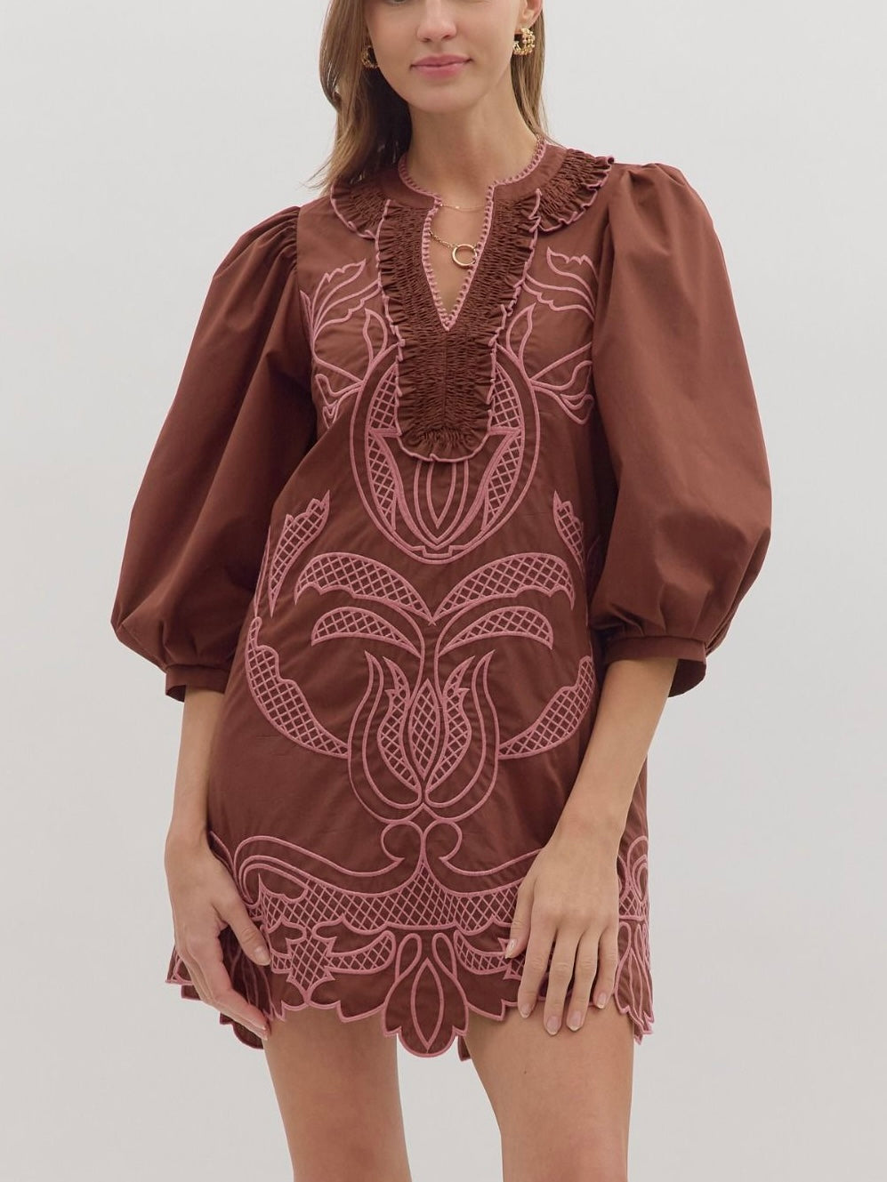 Chocolate Embroidered Scallop Hem Dress