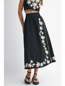 Black Embroidered Top & Midi Skirt Set