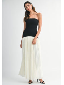 Cream & Black Strapless Drop Waist Maxi dress