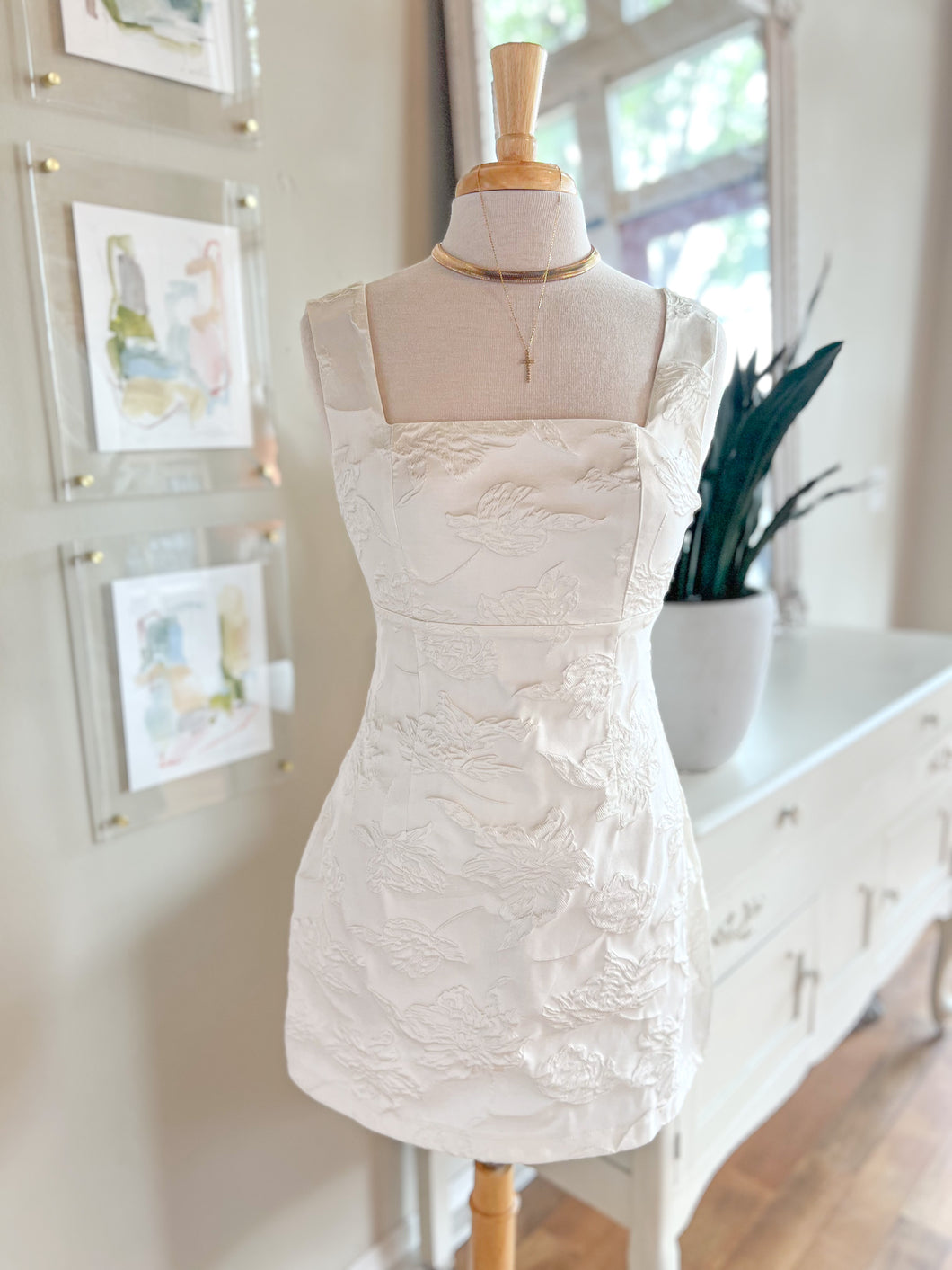 White Textured Jacquard Bow Back Dress