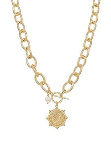 Gold Coin & Pearl Pendant Necklace