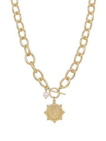 Gold Coin & Pearl Pendant Necklace