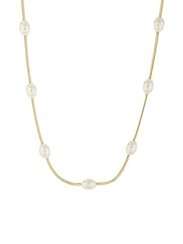 Gold Oval Pearl Station Necklace