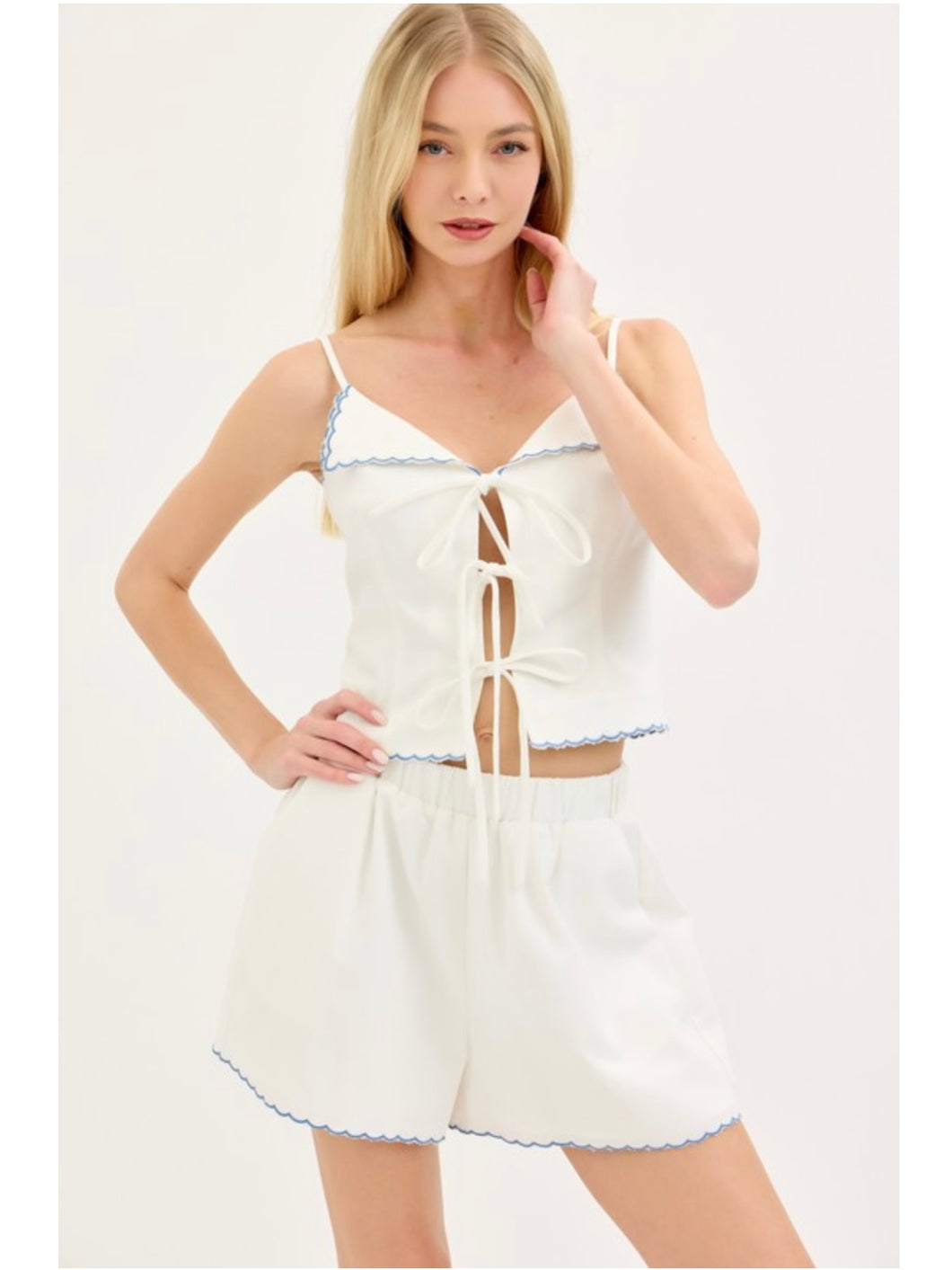 White & Blue Scalloped Edge Shorts Set