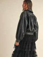 Load image into Gallery viewer, Black Faux Leather Ruched Bomber Jacket
