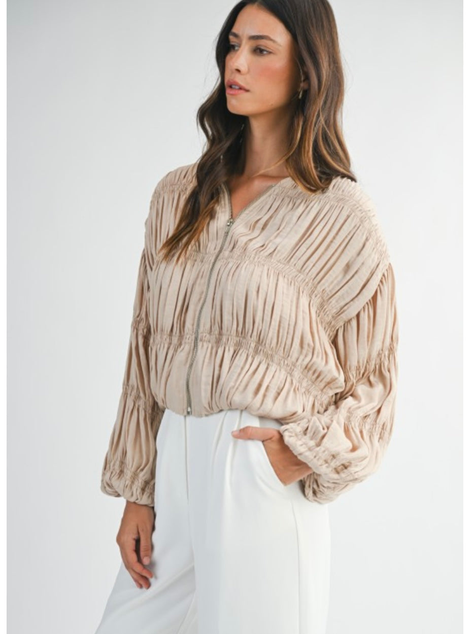 Light Taupe Pleated Zip Front Jacket Blouse