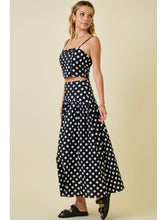 Load image into Gallery viewer, Black &amp; Ivory Polka Dot Crop Top &amp; Midi Skirt Set
