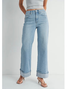 Light Wash Cuffed Wide Leg Denim