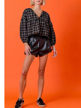 Load image into Gallery viewer, Black Plaid Tie Front Ruffle Top
