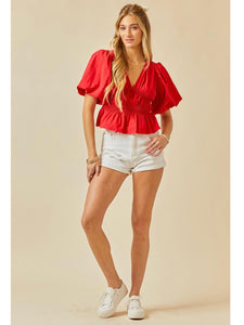 Red Ruched Bubble Sleeve Top