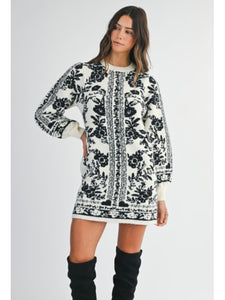 Black & Cream Jacquard Floral Sweater Dress