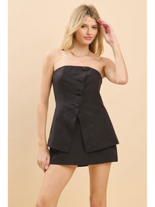 Black Strapless Button Down Mini Dress