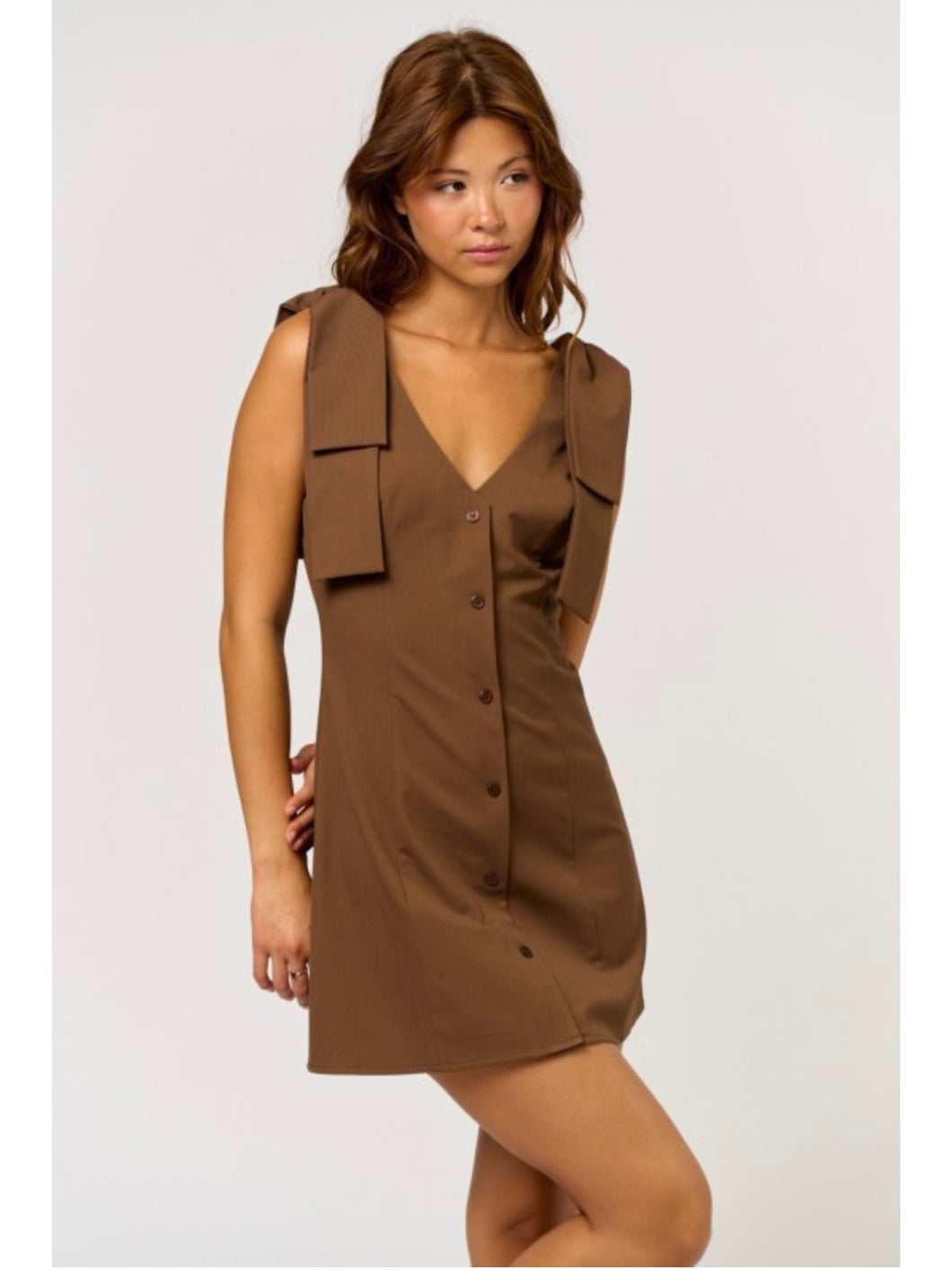 Brown Ribbon Shoulder Dress