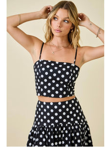 Black & Ivory Polka Dot Crop Top & Midi Skirt Set