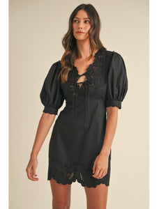 Black Embroidered Puff Sleeve Dress