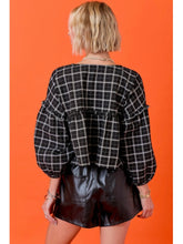 Load image into Gallery viewer, Black Plaid Tie Front Ruffle Top
