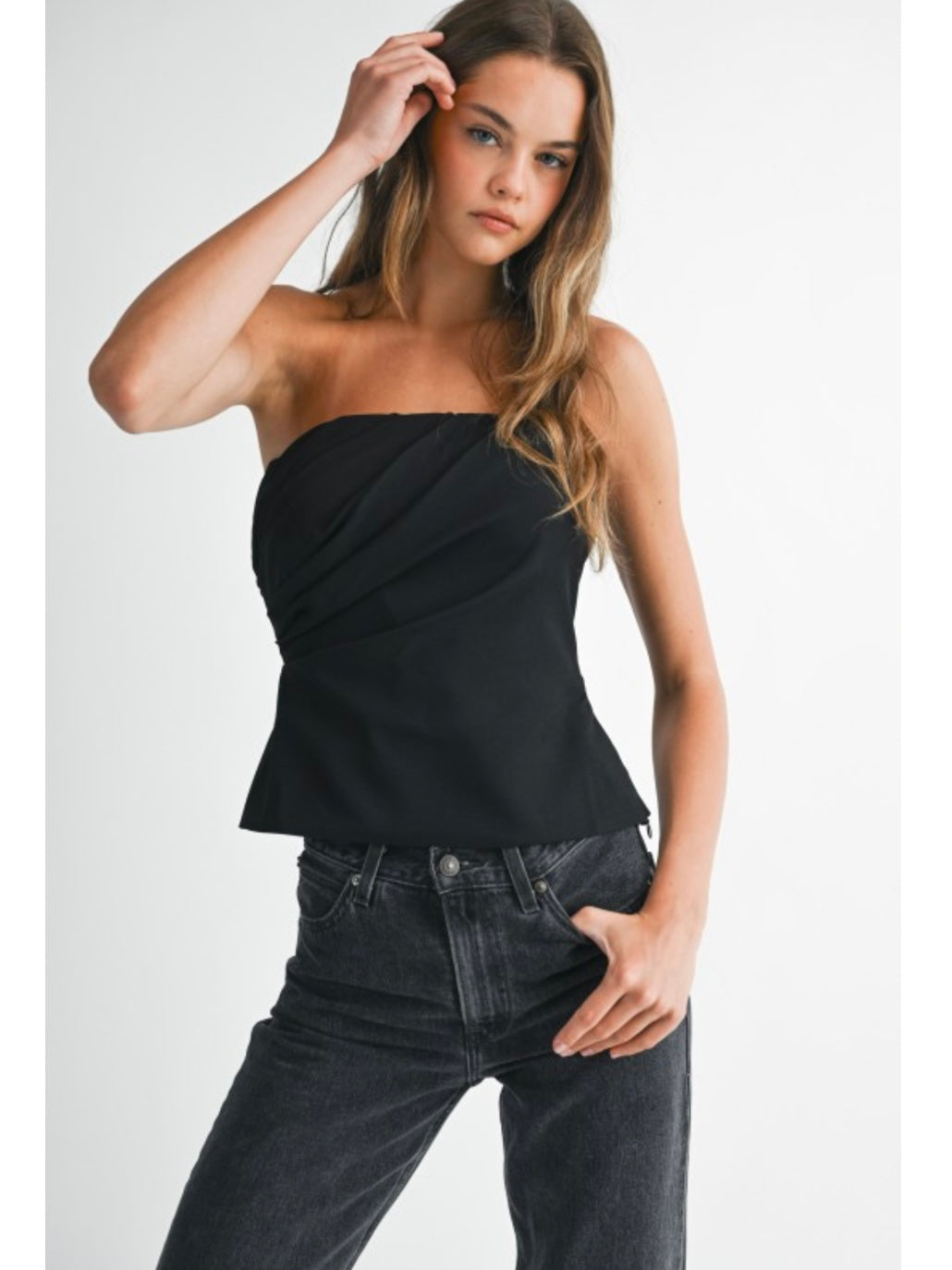 Black Strapless Ruched Top