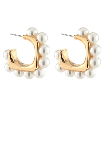 Gold & Pearl Linked Square Hoops