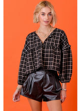 Load image into Gallery viewer, Black Plaid Tie Front Ruffle Top
