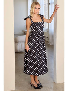 Black Polka Dot Tie Shoulder Midi Dress
