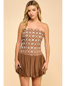 Mocha Floral Embroidered Strapless Dress