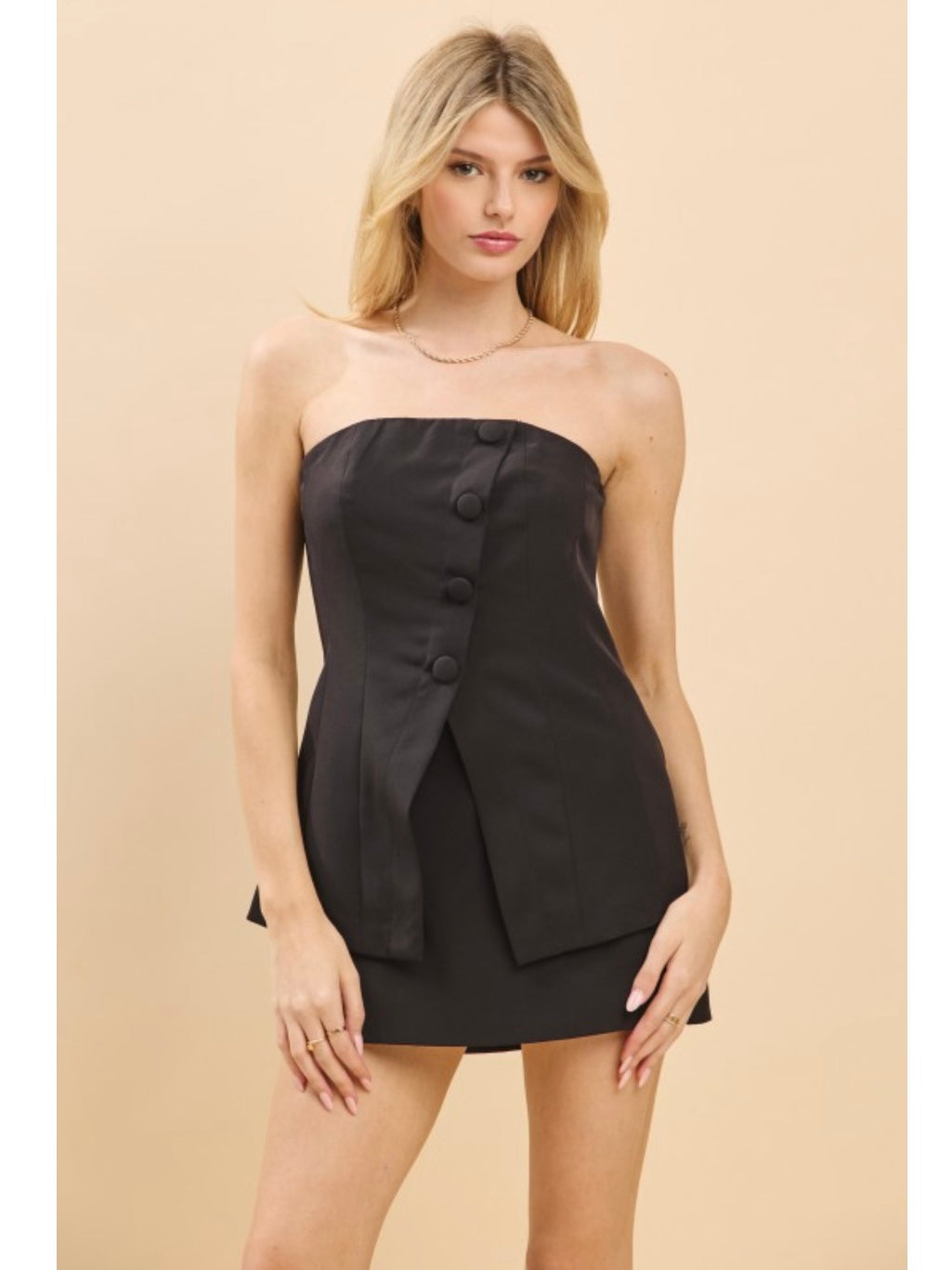 Black Strapless Button Down Mini Dress