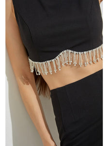 Black Rhinestone Fringe Crop Top
