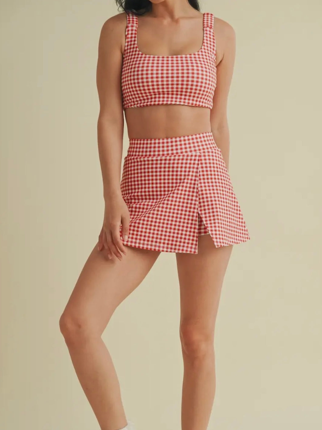 Red Gingham Side Slit Skort