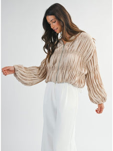 Light Taupe Pleated Zip Front Jacket Blouse