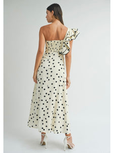 Cream Polka Dot One Shoulder Midi Dress