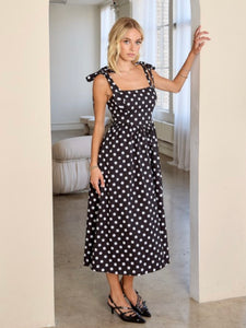 Black Polka Dot Tie Shoulder Midi Dress