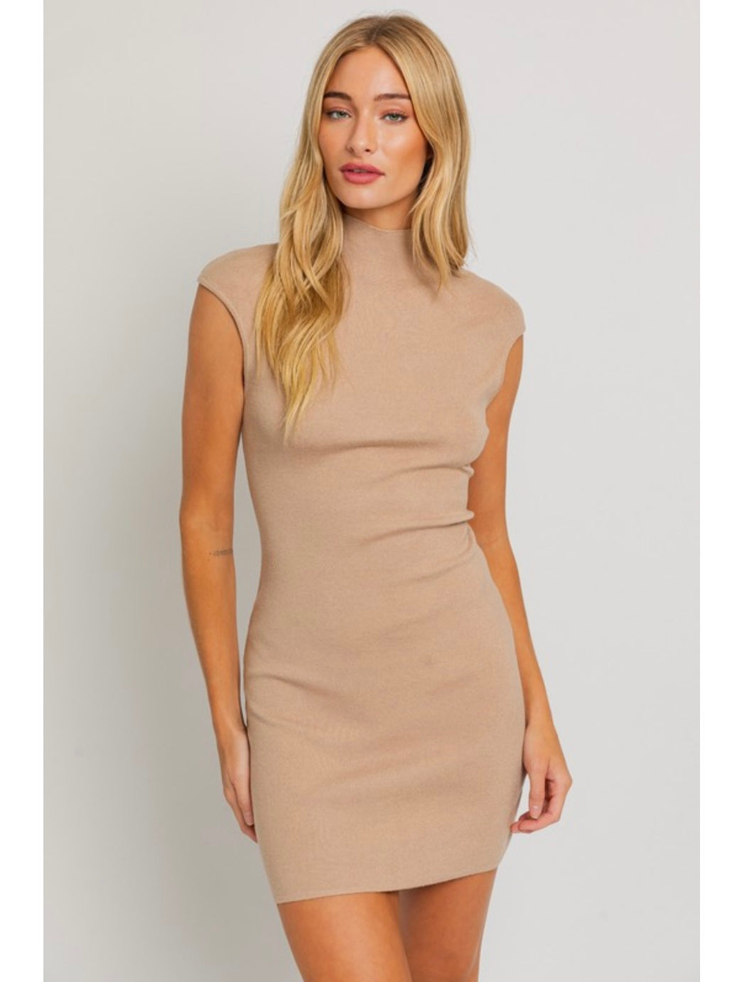 Beige Mock Neck Sleeveless Dress