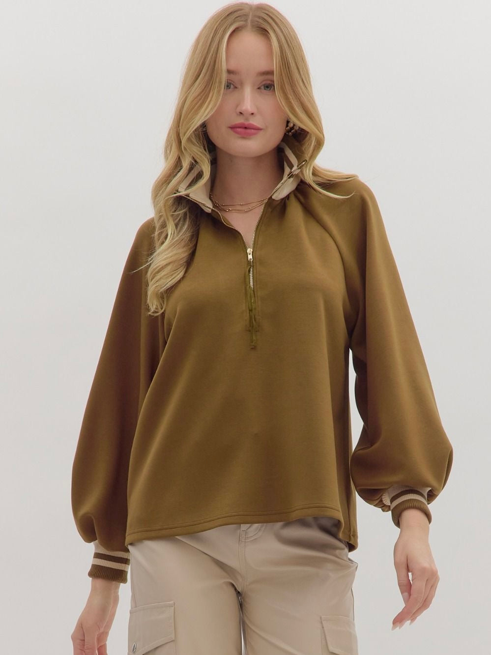 Olive Knit Stripe Hem Half Zip