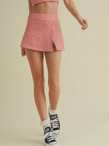 Red Gingham Side Slit Skort