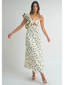 Cream Polka Dot One Shoulder Midi Dress