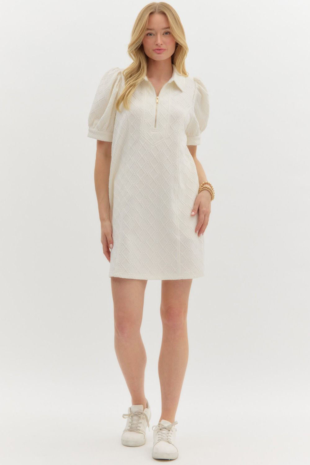 Cream Textured Puff Sleeve Dress