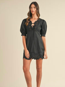 Black Embroidered Puff Sleeve Dress