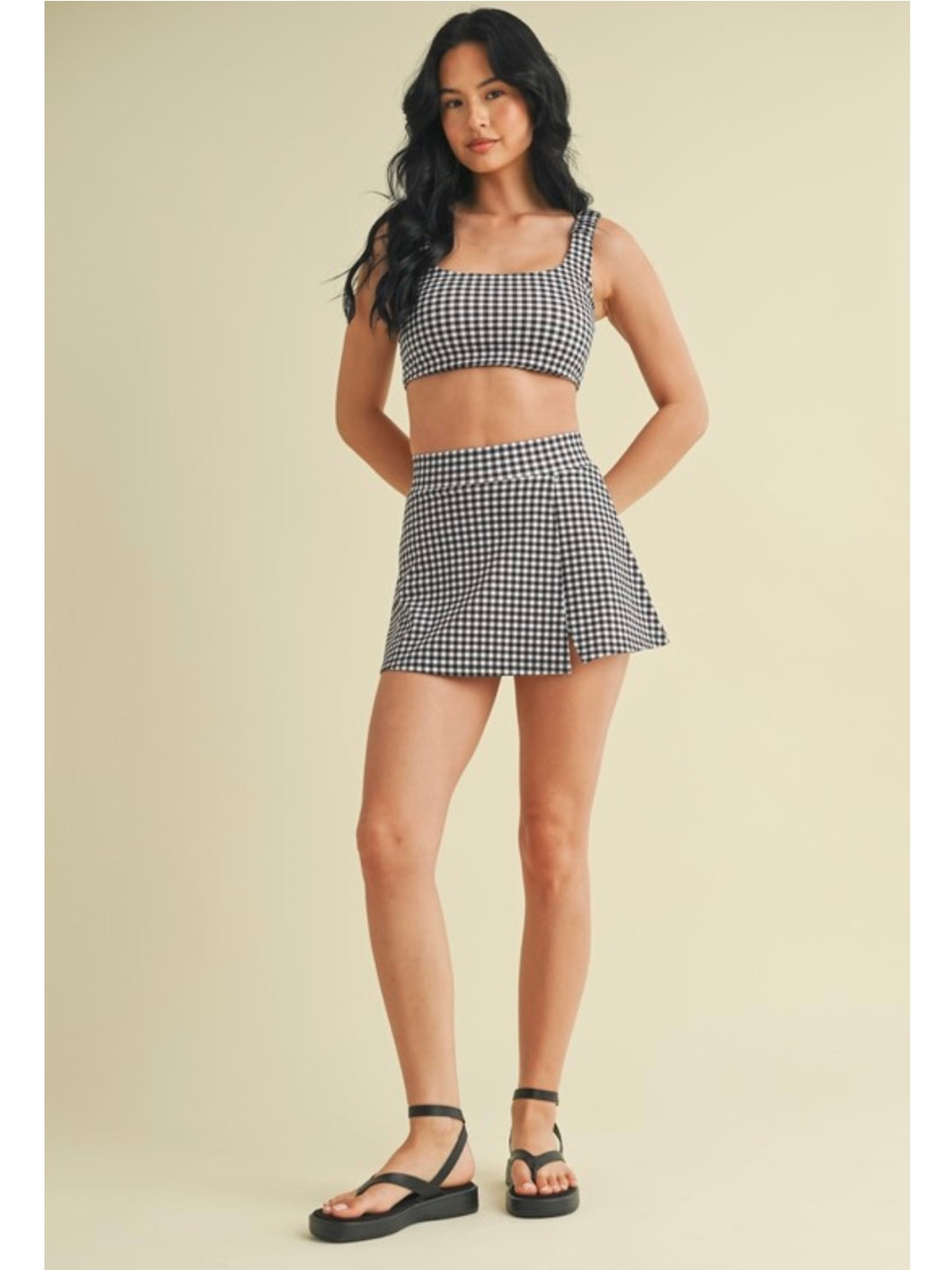 Black Gingham Side Slit Skort