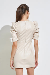 Ivory Faux Leather Puff Sleeve Dress