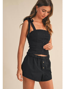 Black Button Down Tie Shoulder Top
