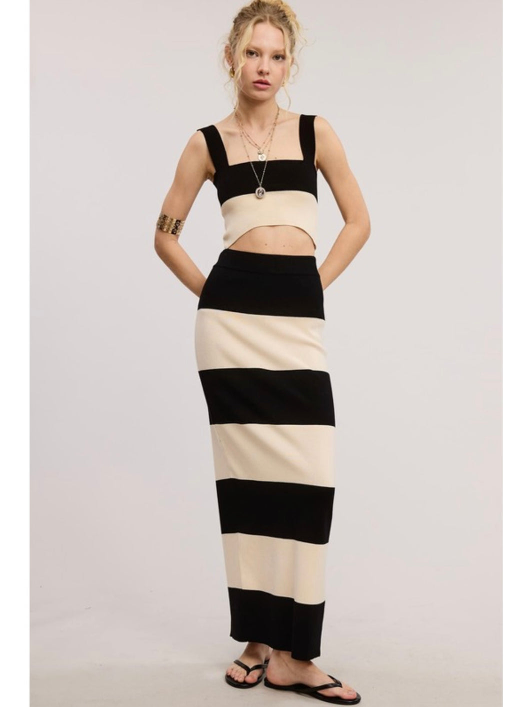 Ivory & Black Stripe Crop Top & Maxi Skirt Set