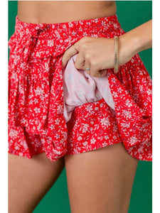 Red Floral Ruffle Skort