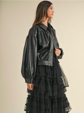 Load image into Gallery viewer, Black Faux Leather Ruched Bomber Jacket

