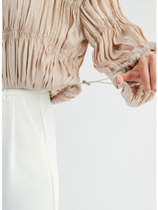 Light Taupe Pleated Zip Front Jacket Blouse