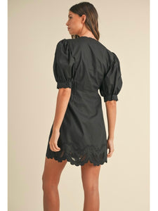 Black Embroidered Puff Sleeve Dress