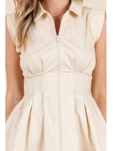 Beige Pleated Zip Dress