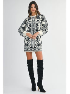 Black & Cream Jacquard Floral Sweater Dress