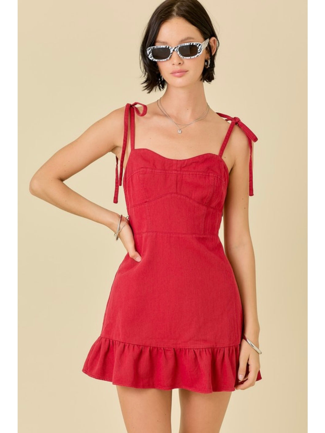 Crimson Denim Ruffle Dress