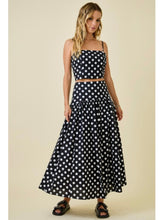 Load image into Gallery viewer, Black &amp; Ivory Polka Dot Crop Top &amp; Midi Skirt Set
