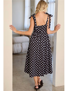 Black Polka Dot Tie Shoulder Midi Dress